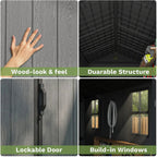 Pro Grade 6ft x 8ft Premium Plastic Double Door Garden Shed - Grey/Anthracite Wood Touch Texture