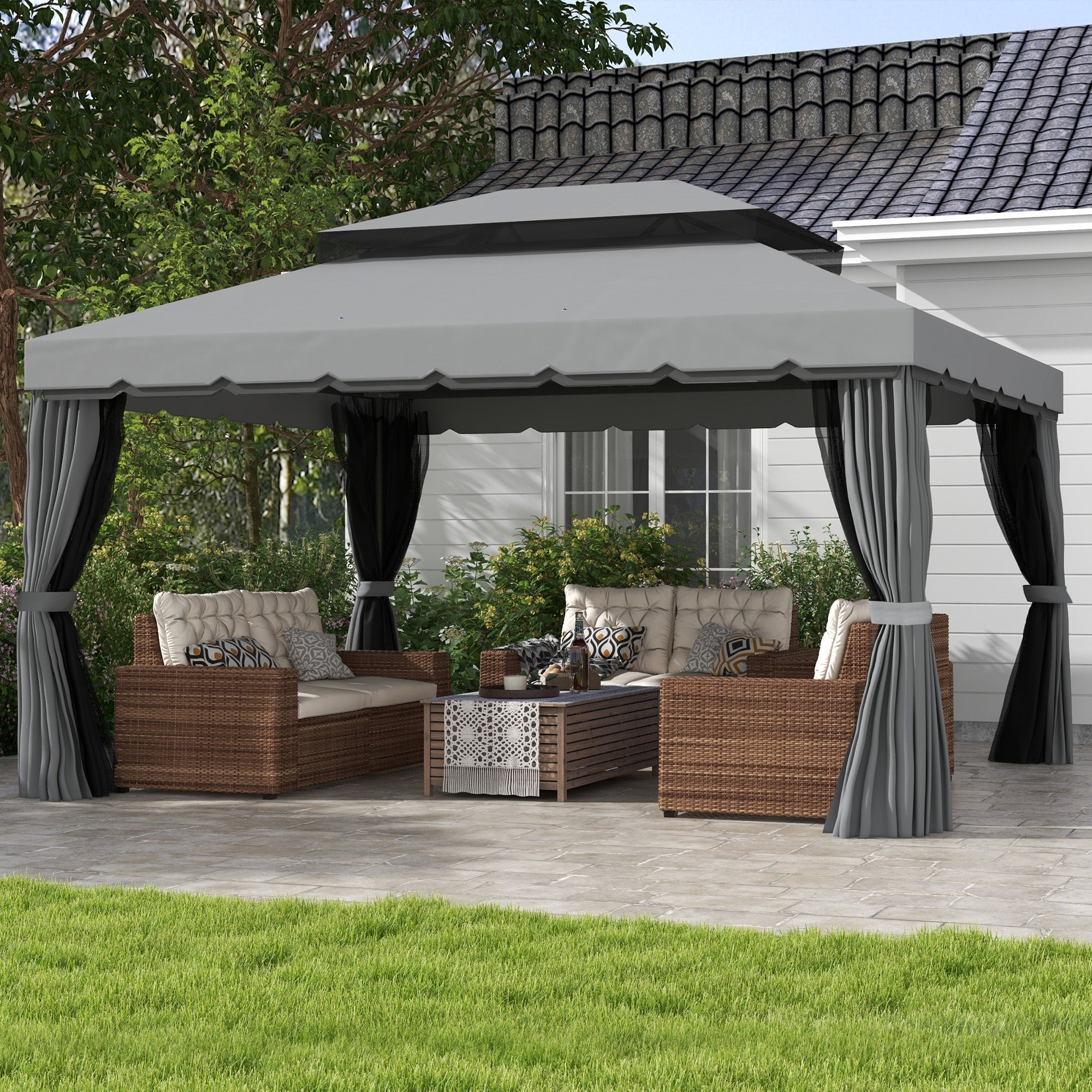 3 x 4m Aluminium Garden Gazebo, Pavilion Party Tent with Nets and Curtains, Light Grey